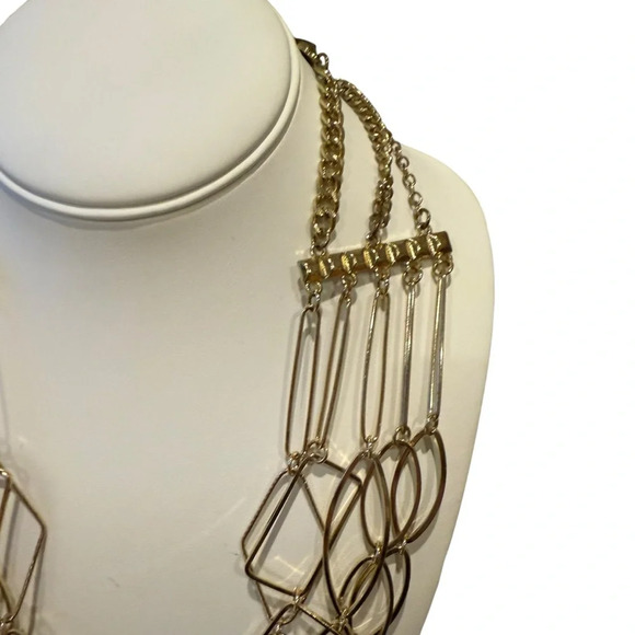 Long Gold-Tone Multi-Strand Layered Geometric Statement Necklace 20” Elegant - Picture 5 of 8